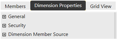 The Dimension Properties tab has a blue background with white text and a list of the types of properties on a light blue background with blue text: General, Security, and Dimension Member Source. Each item has a plus sign that can be expanded.